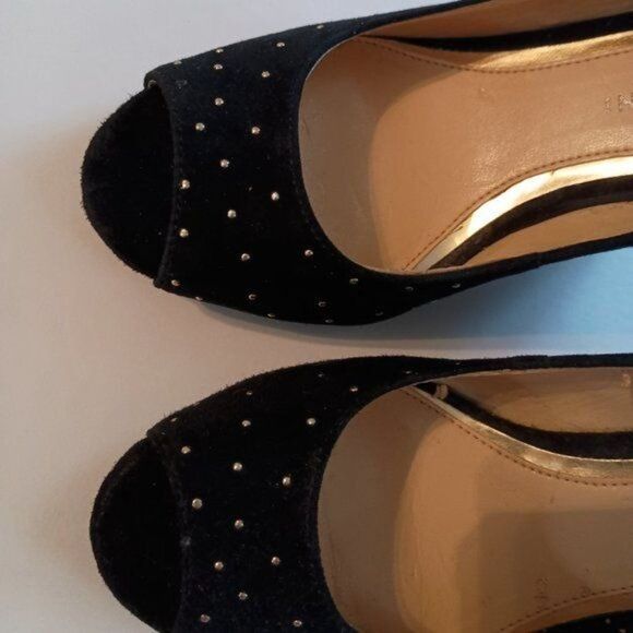 GIANNI BINI, Woman Black Peep Toe with Gold Jeweled Wedges Evening Shoes, Size 7 - Picture 3 of 7